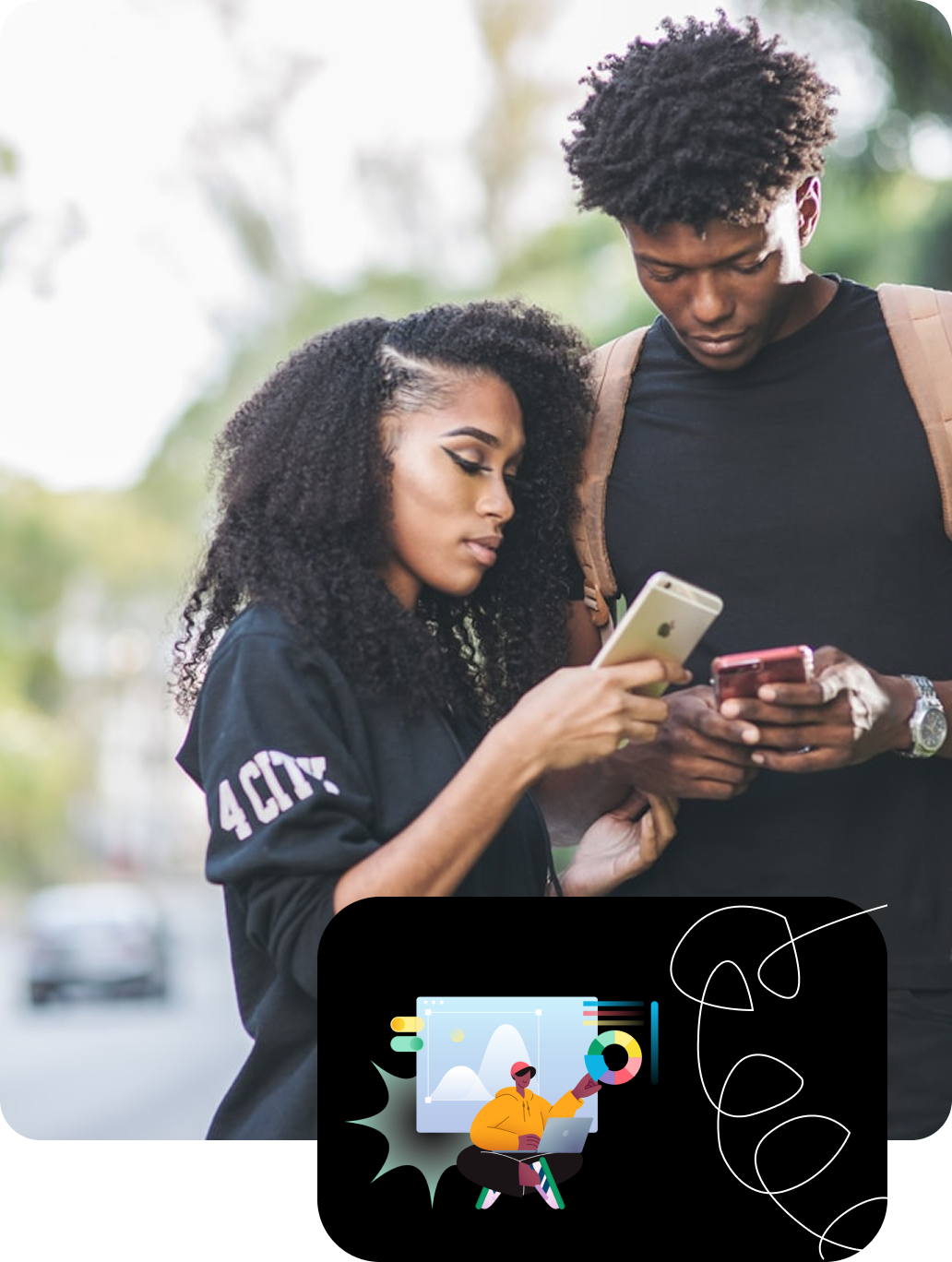 Picture of a guy and a girl checking out something on their phones